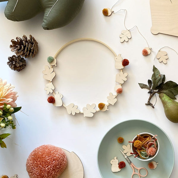 Harvest autumnal plywood bamboo hoop with pompoms
