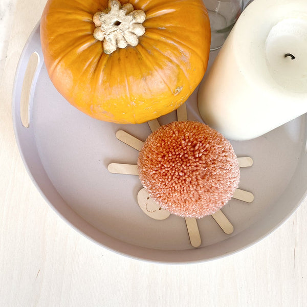 birdseye view of spider pompom next to orange pumpkin and white candle
