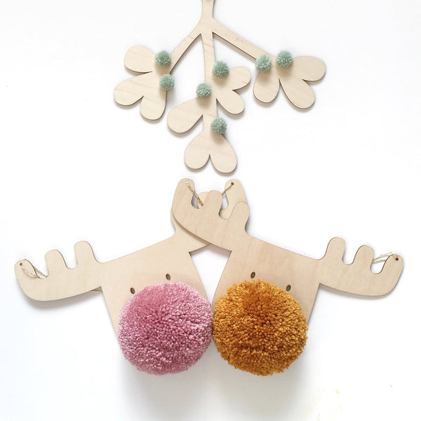 plywood mistletoe and reindeer christmas decorations with pompoms