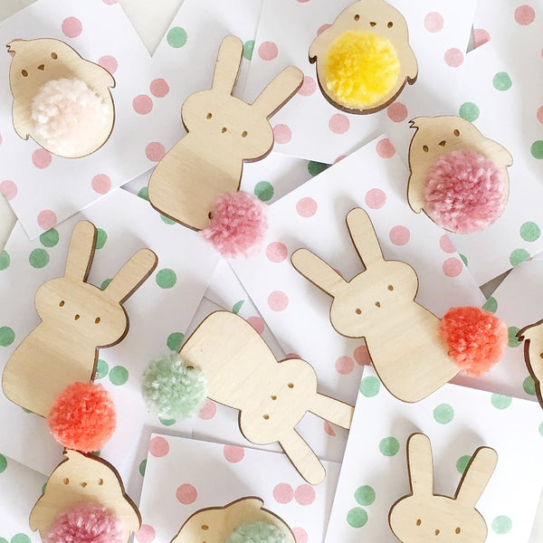 Spring bunny chick pompom badges scattered