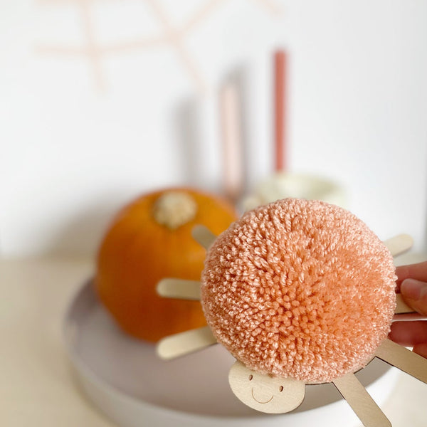 Close up of pompom spider with peach pompom
