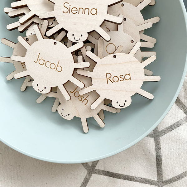Plywood Spider tags with engraved Name