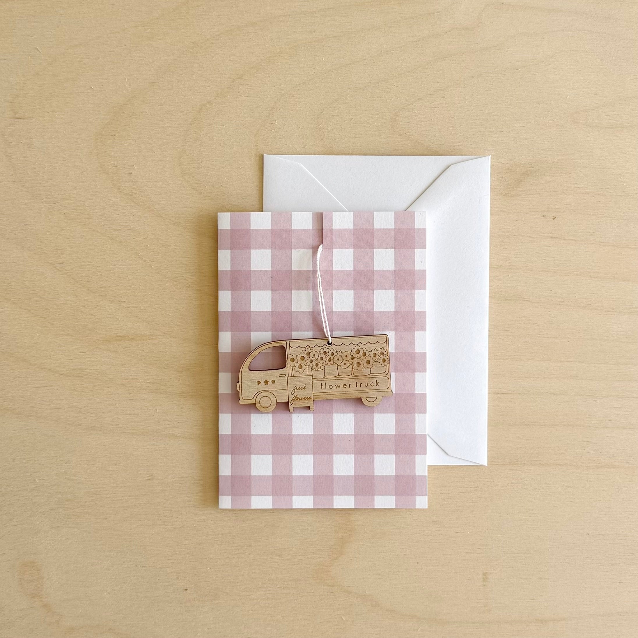 Ready to send Pink Gingham mini card and Flower truck decoration