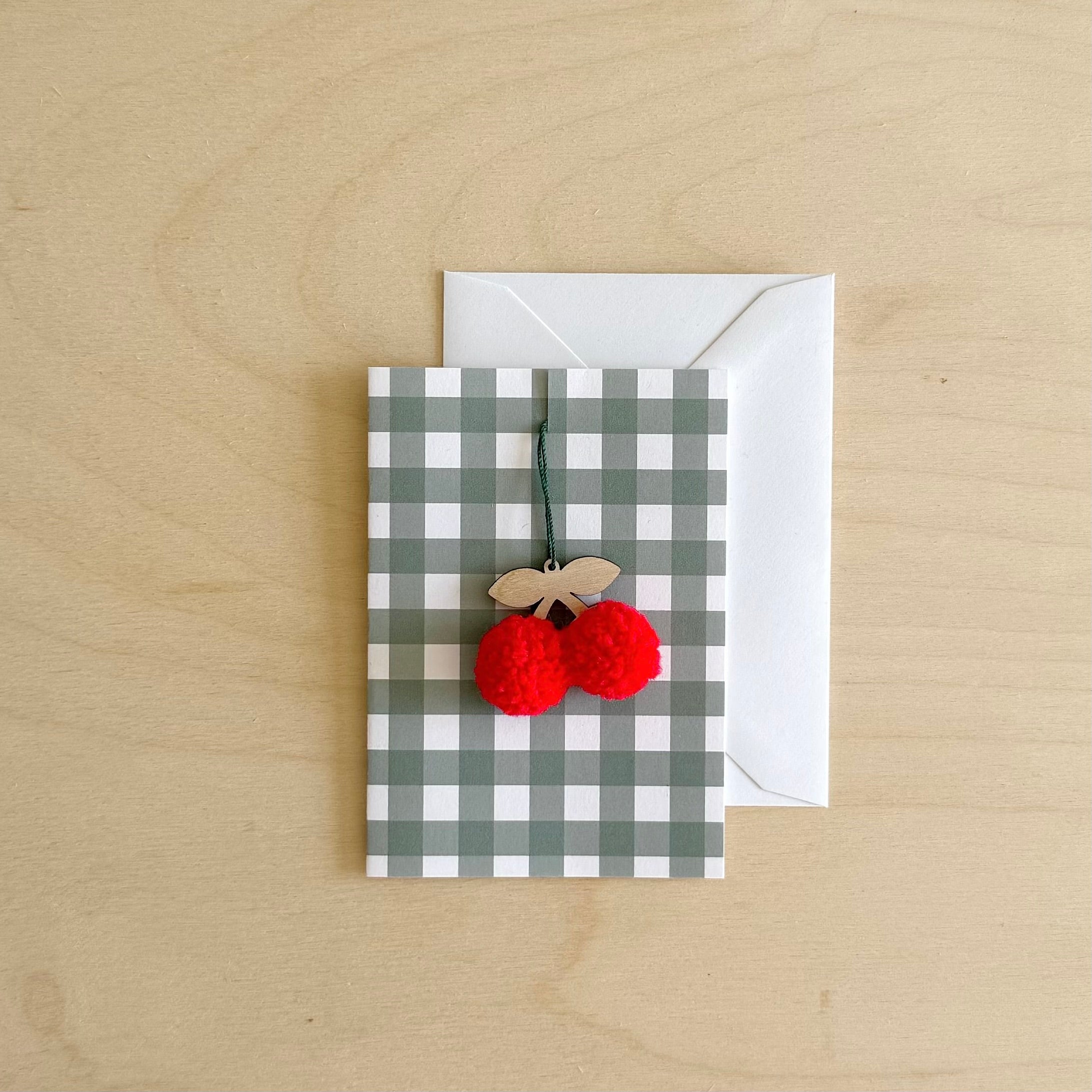 Ready to send Green Gingham mini card and Red Cherry decoration