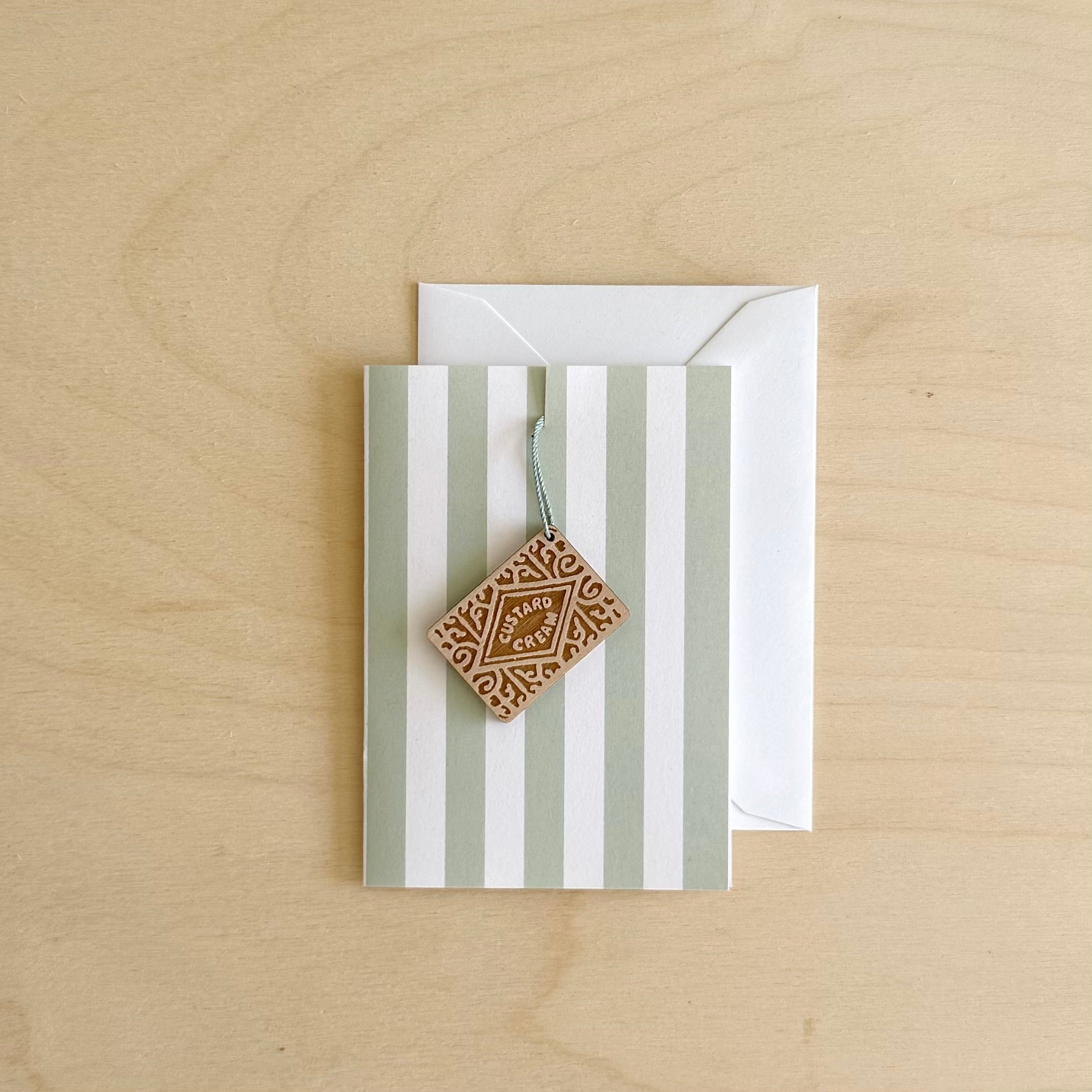 Ready to send Green Stripe mini card and Custard cream decoration