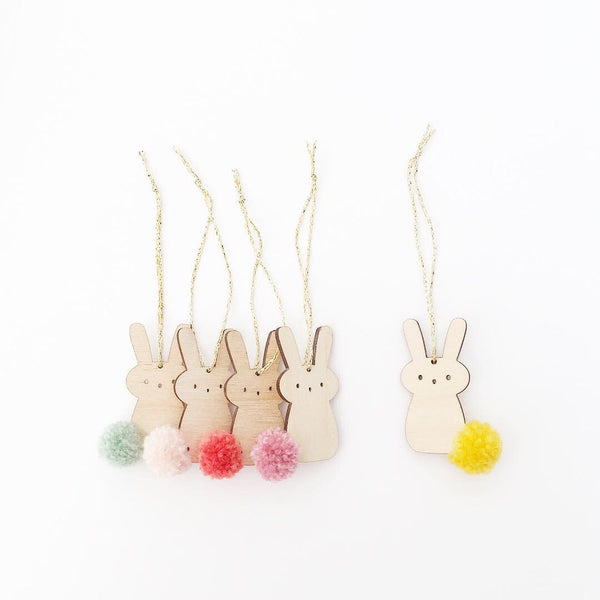 bunny plywood natural decorations with pom poms