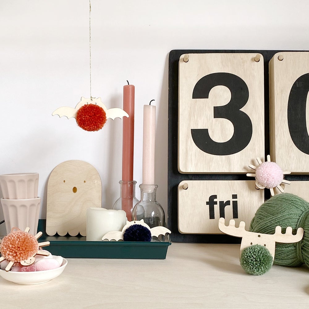 Selection of halloween decorations with pompoms