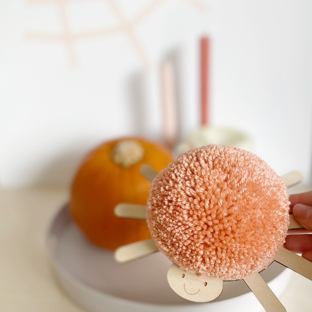Close up of pompom spider with peach pompom
