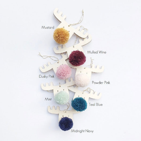 Frank - The PomPom Reindeer colour chart for Mustard, Mulled Wine, Dusky Pink, Powder Pink, Mint, Teal Blue and Midnight Navy