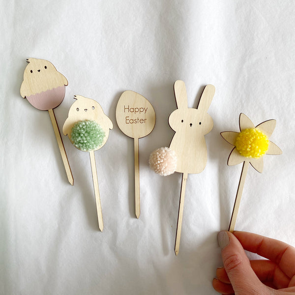 Dusky Pink Hatching Chick, Spring Green Charlie Chick, Happy Easter Egg, Powder Pink HOP Bunny and Yellow Daffodil Easter Cake Toppers